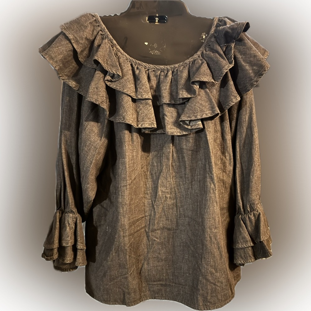 Vintage Pioneer Wear Dark Grey Off the Shoulder Ruffled Sleeve Women’s Top‎